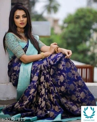 Banarsi Silk Petite Saree - Saree length -5.5m Blouse Length-0.8m, Purple, Banarsi Silk Running Blouse, Multipack :1